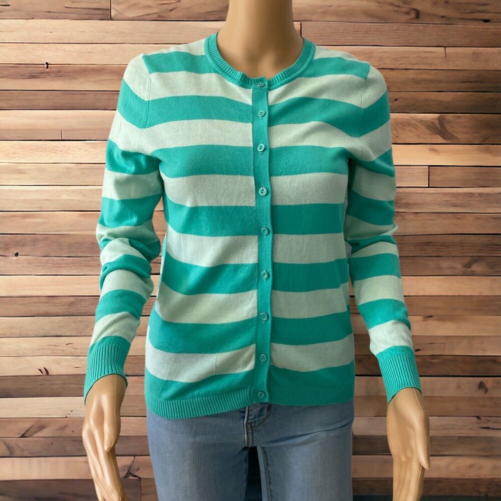 Lord & Taylor Women's Green Striped Button Up Cardigan Modal Sz /Petite small